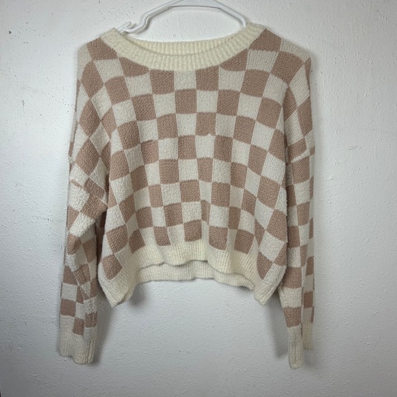 debut Sweaters - Debut Small Checkerboard Knit Sweater Tan Cream Y2K Indie Skater Pullover